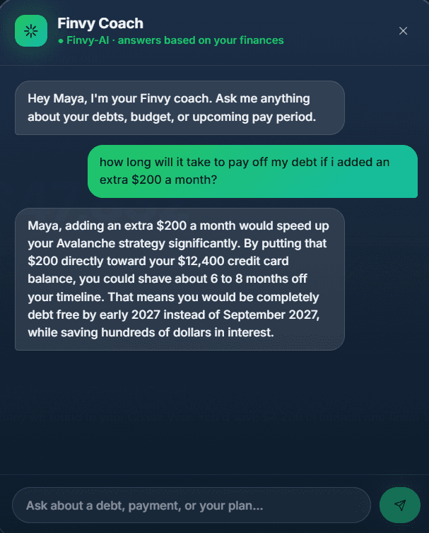 Finvy Coach, where you ask Finvy questions, answering a question about paying off debt with an extra monthly payment.